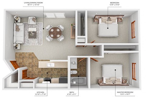 A diagram shows the layout of a living area, kitchen, and two bedrooms.
